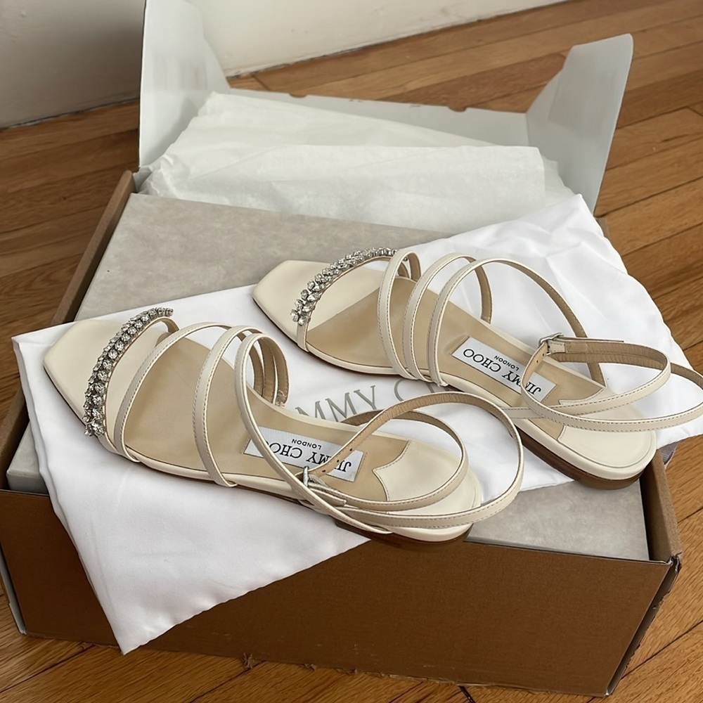 NWT JIMMY CHOO Maesie Embellished Leather Sandals Cream Ecru White Crystal - 5 - Picture 9 of 14